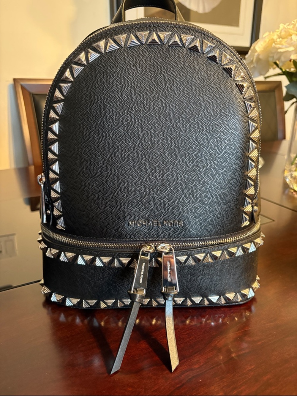 Michael Kors Rhea Pebbled Black Leather Studded Medium Backpack